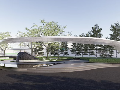 Modern Curved Entrance Gate Design With Trees Water Feature And Pathway 3d model