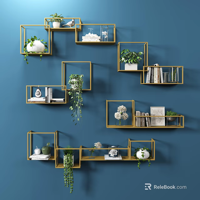 Wall Cabinets With Golden Frames On Blue Wall Holding Green Plants Books And Decorations 3d model 
