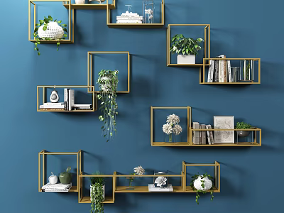Wall Cabinets With Golden Frames On Blue Wall Holding Green Plants Books And Decorations 3d model