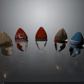 Decorative Helmets In Various Colors With Patterns Straps Arranged On Gray Background And Reflections 3d model