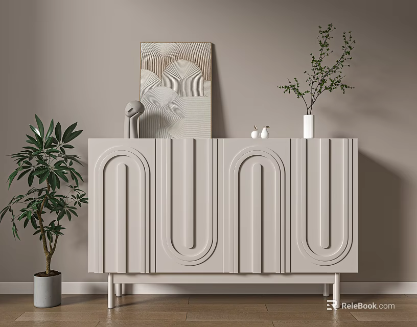 Modern White Console Cabinet With Curved Panel Design And Decorative Plants On Top 3d model 