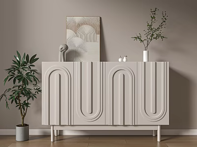 Modern White Console Cabinet With Curved Panel Design And Decorative Plants On Top 3d model