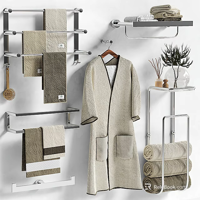 Modern Bathroom Accessories With Towel Racks Hanging Bathrobe And Stacked Towels 3d model 