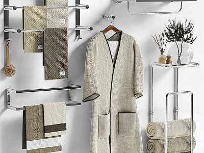Modern Bathroom Accessories With Towel Racks Hanging Bathrobe And Stacked Towels 3d model