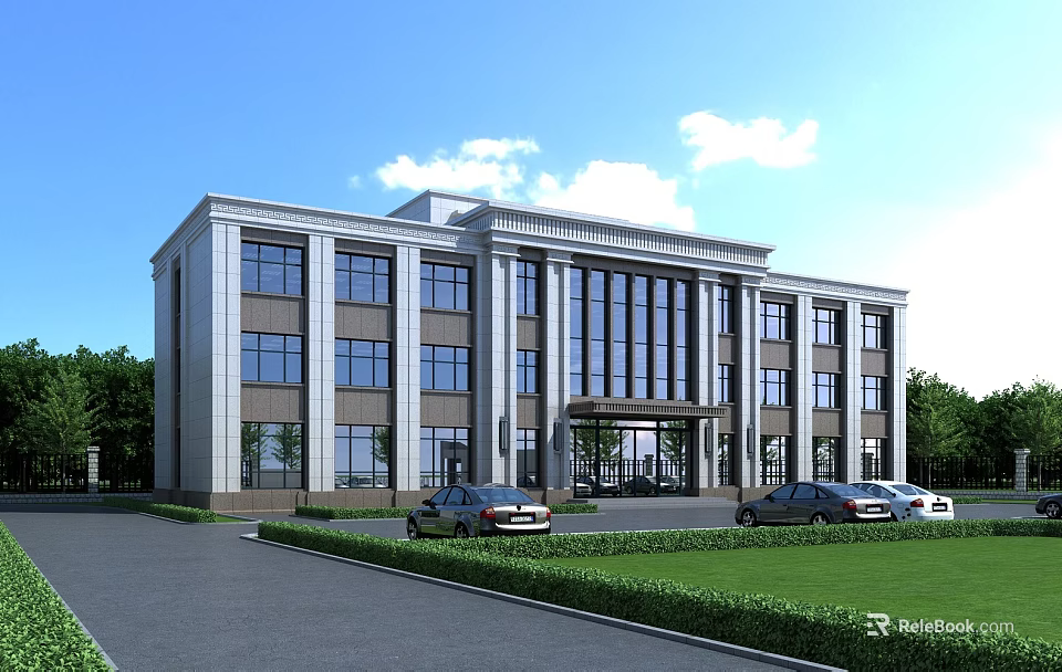 Modern Office Building Exterior Design With Glass Windows Columns Lawn And Parked Cars Front 3d model 