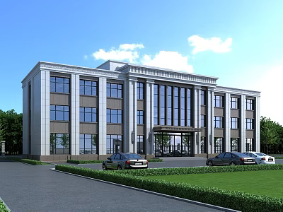 Modern Office Building Exterior Design With Glass Windows Columns Lawn And Parked Cars Front 3d model