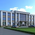 Modern Office Building Exterior Design With Glass Windows Columns Lawn And Parked Cars Front
