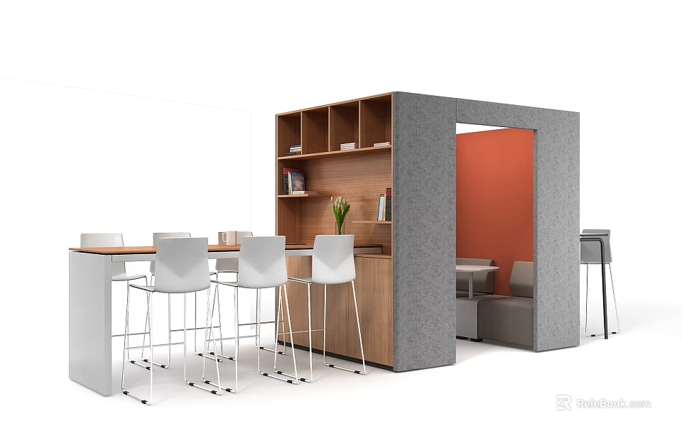 Stylish Bar Counter Interior With Wooden Shelves White Stools And Orange Wall Design 3d model 