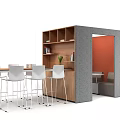 Stylish Bar Counter Interior With Wooden Shelves White Stools And Orange Wall Design