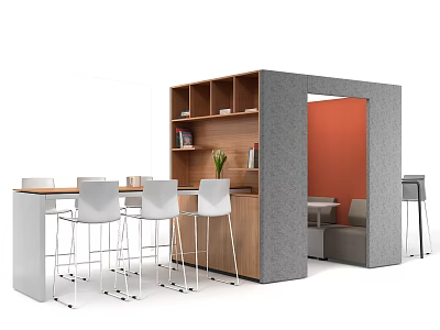 Stylish Bar Counter Interior With Wooden Shelves White Stools And Orange Wall Design 3d model