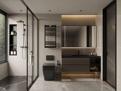 Modern Bathroom Interior With Glass Shower Enclosure Wall Mounted Toilet Floating Vanity And Ambient Lighting 3d model