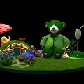 Large Green Teddy Bear In Garden With Round Door Cottage Colorful Flowers And Heart Patterns