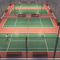 Two Tennis Players Playing On Nighttime Court With Green Red Surface And Lights