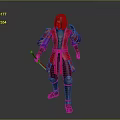 Woman in red and blue armor holding weapon in full body pose against gray background