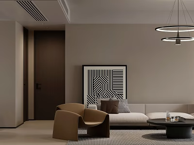 Modern Living Dining Room Interior With Sofa Coffee Table And Abstract Art Pendant Lights 3d model