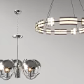 Modern Silver Metal Chandelier with Spherical Shades and Circular Rectangular Panels Design 3d model