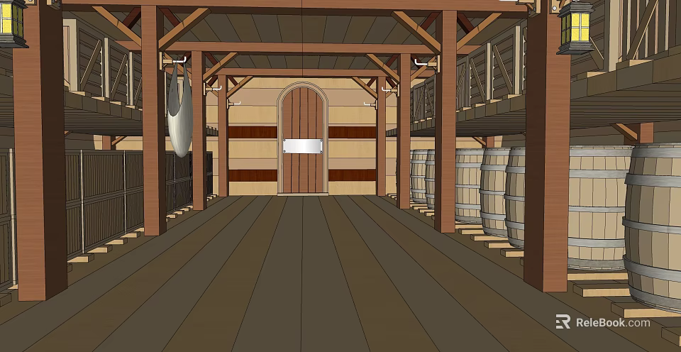 Rustic Wine Specialty Store Interior With Wooden Barrels And Arch Door Design 3d model 