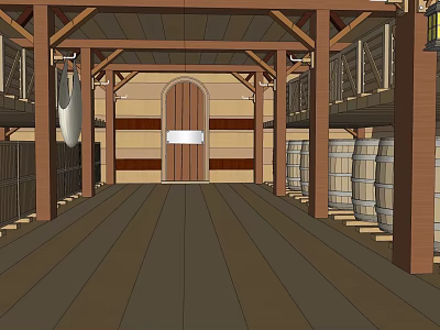 Rustic Wine Specialty Store Interior With Wooden Barrels And Arch Door Design 3d model