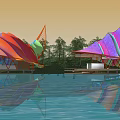Colorful Wavy Pergola With Purple Pink Blue Stripes And Water Reflection