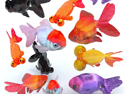 Aquatic Animals Colorful Goldfish In Various Colors Including Red Orange Black And Purple 3d model