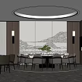 Elegant Private Dining Room Interior With Round Table Circular Light Green Plant And Landscape Wall 3d model