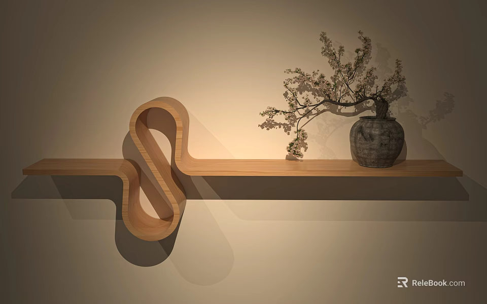 Modern Wooden Wall Decor Shelf With Curved Design And Vase With Branches 3d model 