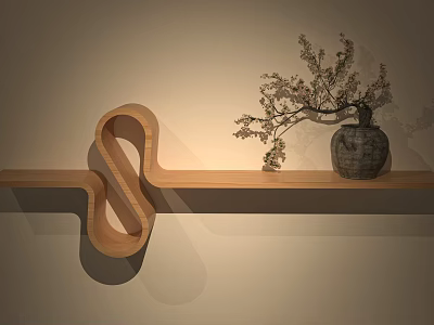 Modern Wooden Wall Decor Shelf With Curved Design And Vase With Branches 3d model