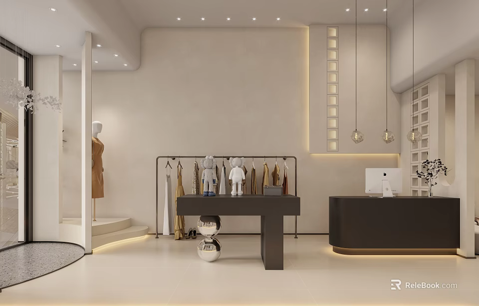 Modern Clothing Store Interior With Clothing Racks Stylish Clothes Fitting Room And Display Counter 3d model 