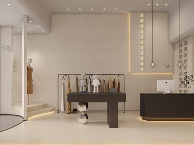 Modern Clothing Store Interior With Clothing Racks Stylish Clothes Fitting Room And Display Counter 3d model