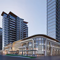 Modern Architectural Entrance With Arch Design Glass Facade High Rise Buildings And Outdoor Trees