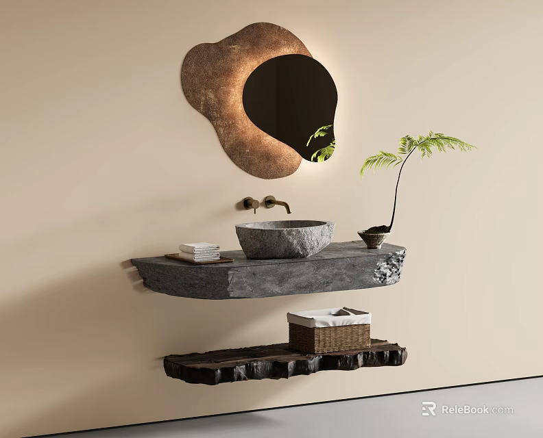Natural Stone Washbasin Vanity with Irregular Mirror Wooden Shelves Green Plant and Storage Basket 3d model 