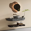 Natural Stone Washbasin Vanity with Irregular Mirror Wooden Shelves Green Plant and Storage Basket