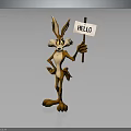 Cartoon Rabbit Character Holding Hello Sign Standing on Gray Background