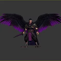 Warrior Character With Spread Purple Black Wings And Sword In Armor