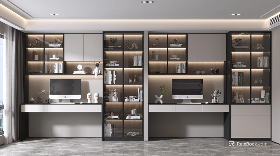 Modern Home Office Desks With Built In Bookshelves Storage And Decorative Accents 3d model 