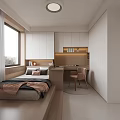 Modern Minimalist Bedroom Interior Design With Upholstered Headboard White Wardrobes Round Mirror And Neutral Tones