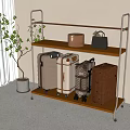 Stylish Wooden Metal Shelf With Wheels Holding Suitcases Bags And Small Indoor Plant
