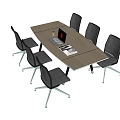 Wooden Conference Table With Six Black Office Chairs Laptop Cup And Documents