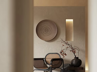 Natural Style Table And Chair Set With Woven Seats Circular Plate Beige Wall And Branch Vase Decor 3d model