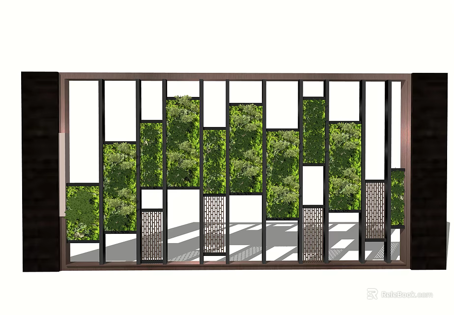 Modern Living Plant Wall With Geometric Grid Frame And Natural Shadow Effects 3d model 