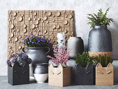 Stylish Bonsai Planters With Cat Ear Shaped Wooden Pots And Colorful Flowers 3d model