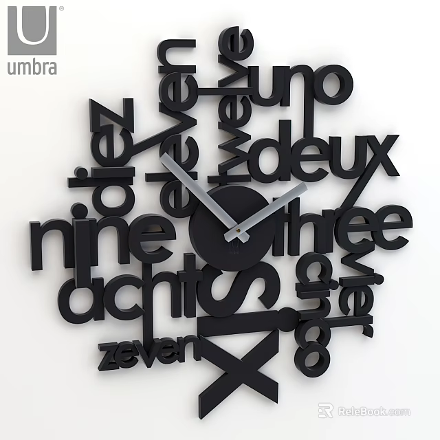 Umbra Stylish Modern Black Wall Clock With Multilingual Number Words Design 3d model 