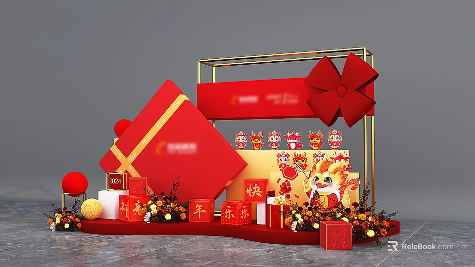 New Year Celebration Decorations With Red Gift Boxes Big Bow And Tiger Figurines 3d model 