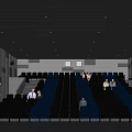 Modern Cinema Interior With Blue Seats Ceiling Lights Audience And Staircase Seating Design