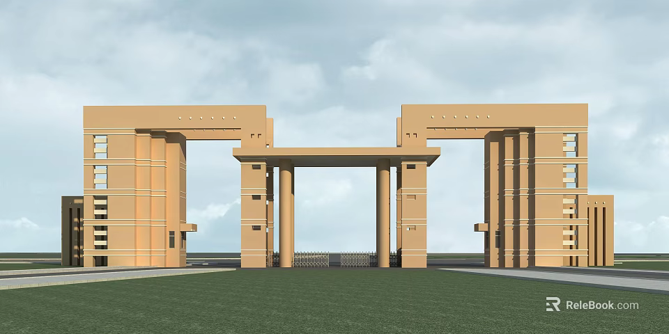 Grand Beige Entrance Gate With Symmetrical Columns And Architectural Design 3d model 