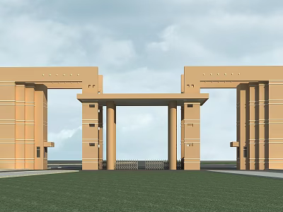 Grand Beige Entrance Gate With Symmetrical Columns And Architectural Design 3d model