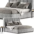 Modern Double Bed With Upholstered Headboard White Bed Sheet Multiple Pillows And Side Nightstand 3d model