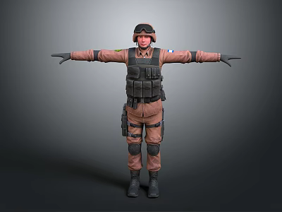 Military Character in Brown Uniform With Tactical Vest Helmet and Outstretched Arms Pose 3d model