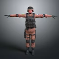 Military Character in Brown Uniform With Tactical Vest Helmet and Outstretched Arms Pose