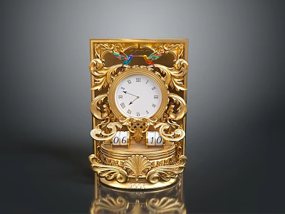 Antique Golden Ornate Carved Table Clock With White Dial And Calendar 3d model
